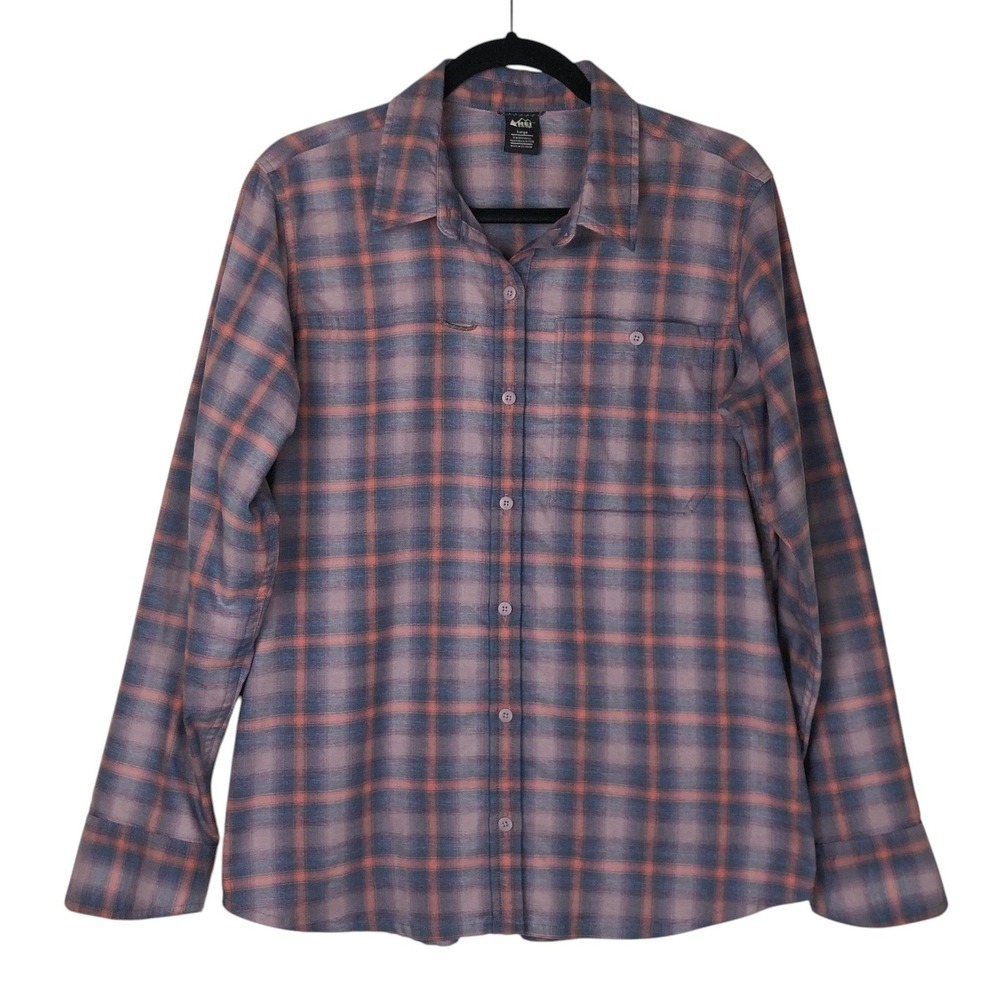 REI Co-op Womens Sahara Thermal Button Down Shirt Size L Plaid Purple Gorpcore